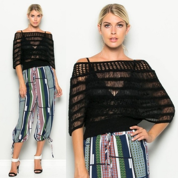 Black off shoulder cropped crocheted knit top Small S Large L - Picture 2 of 6